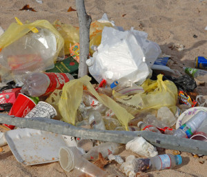 A pile of trash on the beach